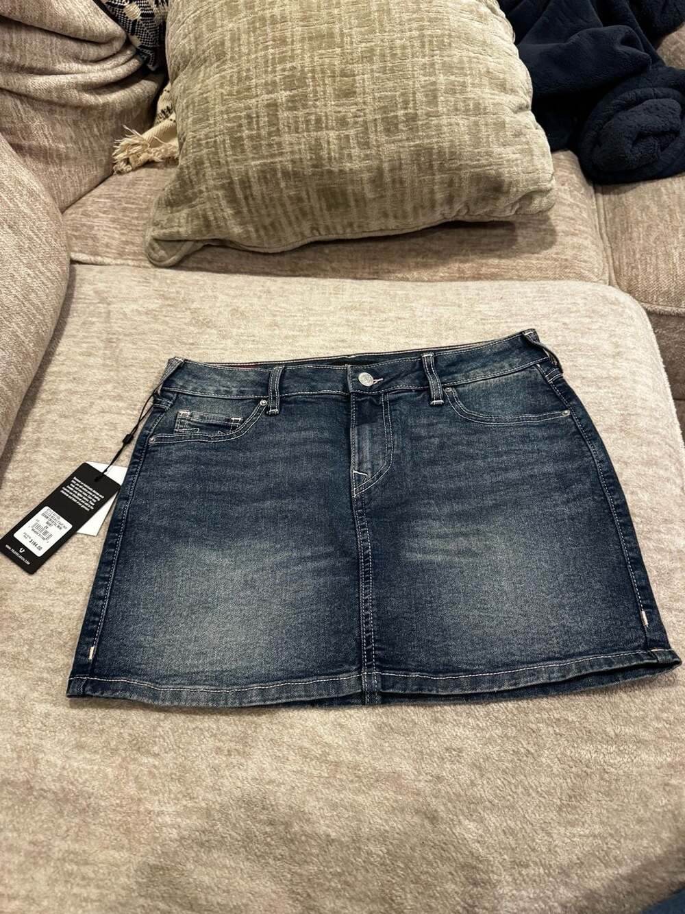 True Religion Denim Crystal Mini Skirt in Medium Blue Quartz Wash, Size 26
